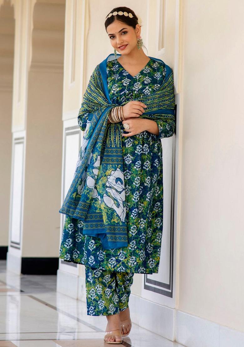 Blue And Green Printed Rayon Kurta Set