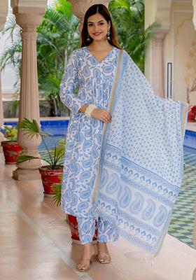 Off White And Blue Printed Rayon Kurta Set