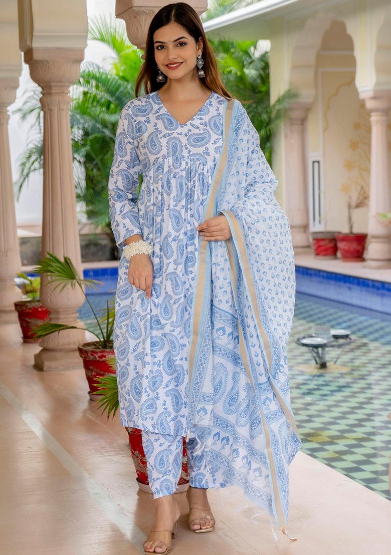 Off White And Blue Printed Rayon Kurta Set