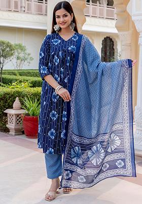 Blue Printed Cotton Kurta Set