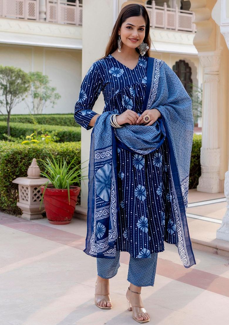 Blue Printed Cotton Kurta Set