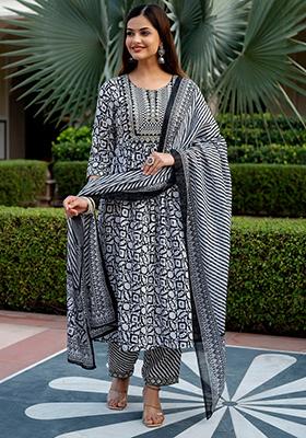 Off White And Black Printed Rayon Kurta Set