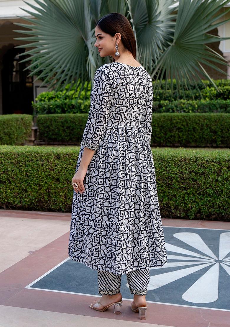 Off White And Black Printed Rayon Kurta Set