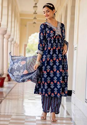 Blue Printed Rayon Kurta Set