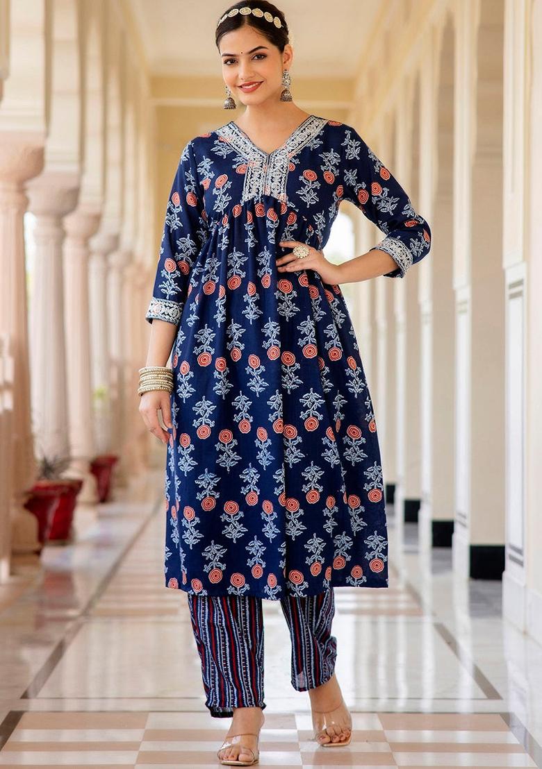 Blue Printed Rayon Kurta Set