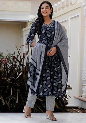 Navy Blue Printed Rayon Kurta Set