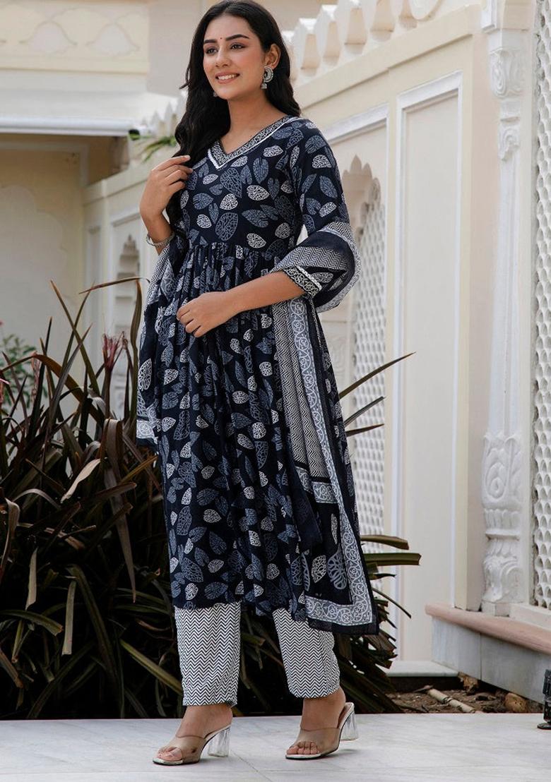 Navy Blue Printed Rayon Kurta Set