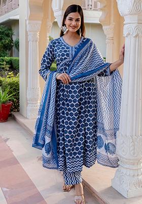 Blue Printed Rayon Kurta Set