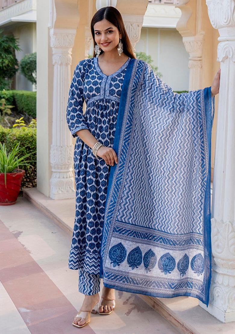 Blue Printed Rayon Kurta Set