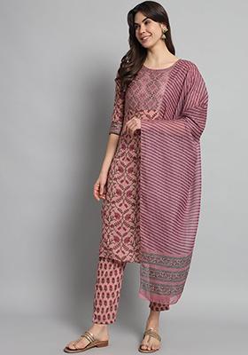 Pink Printed Cotton Kurta Set