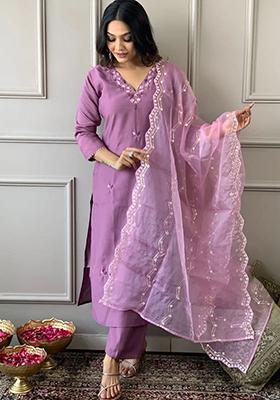 Onion Pink Embroidered Rayon Kurta Set