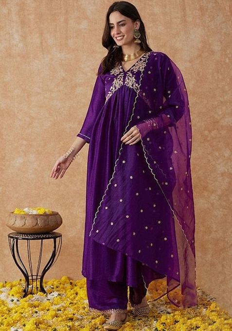 Maroon Embroidered Silk Kurta Set