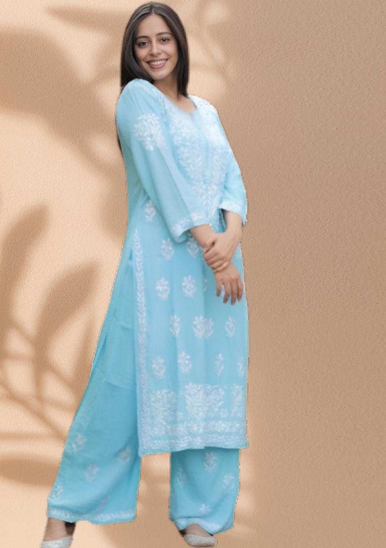 Sky Blue Embroidered Rayon Kurta Set