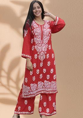 Red Embroidered Rayon Kurta Set