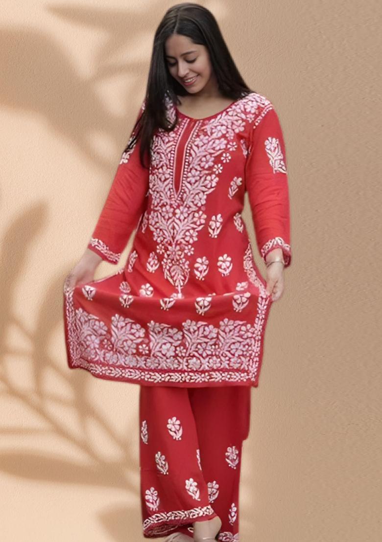 Red Embroidered Rayon Kurta Set