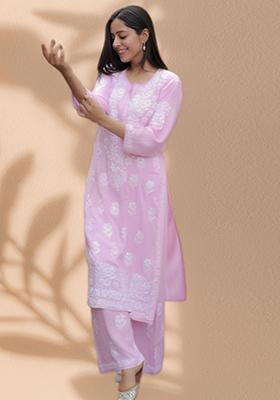 Pink Embroidered Rayon Kurta Set
