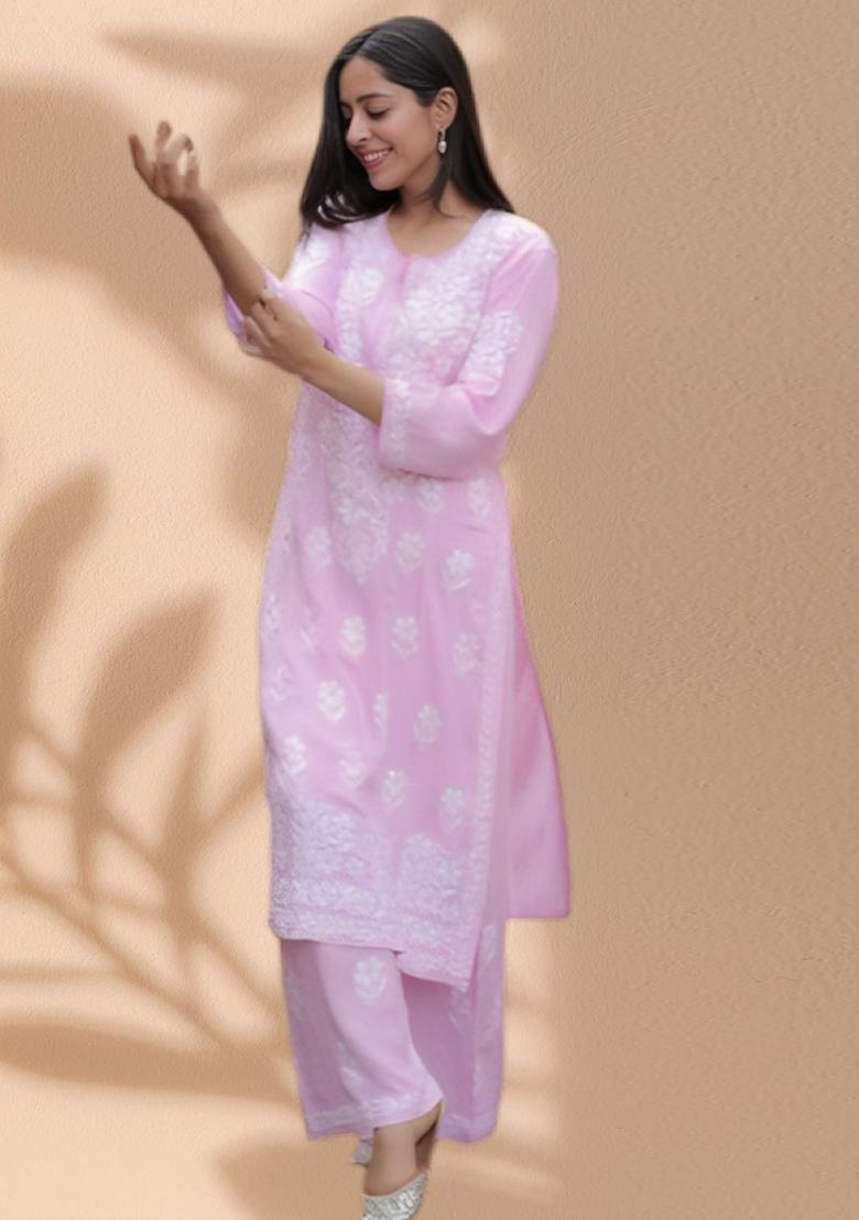 Pink Embroidered Rayon Kurta Set - Indya