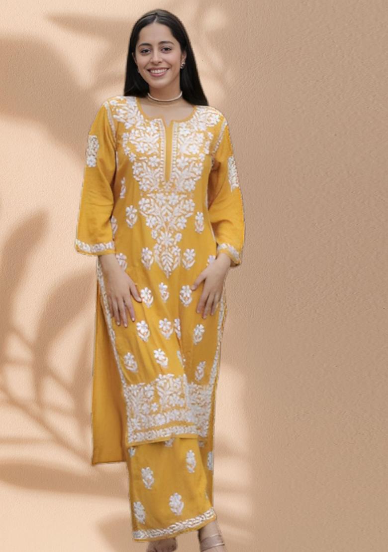 Mustard Embroidered Rayon Kurta Set