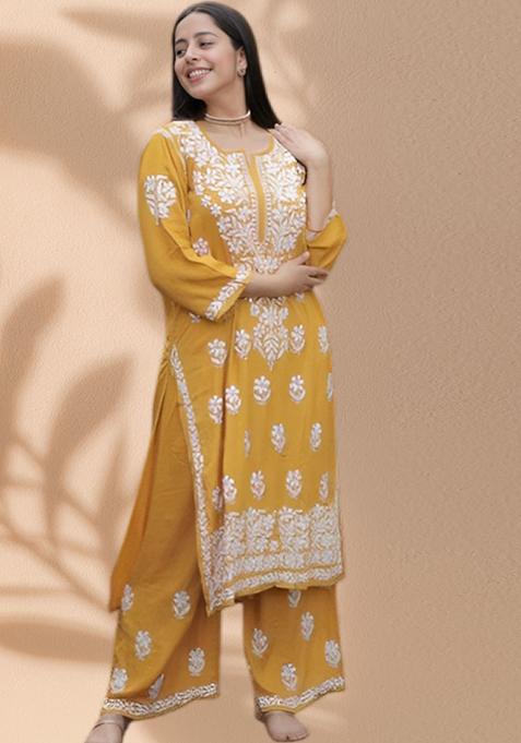 Mustard Embroidered Rayon Kurta Set