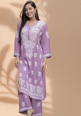 Lavender Embroidered Rayon Kurta Set