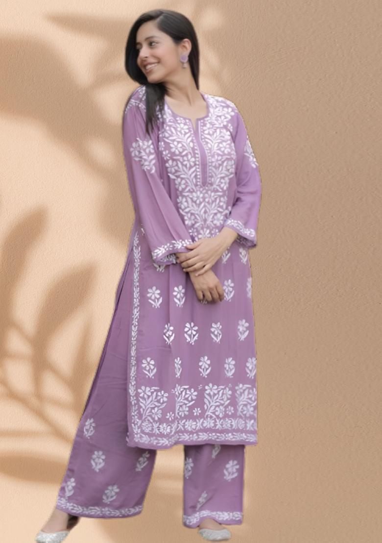 Lavender Embroidered Rayon Kurta Set