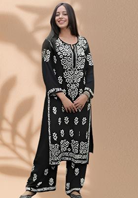 Black Embroidered Rayon Kurta Set