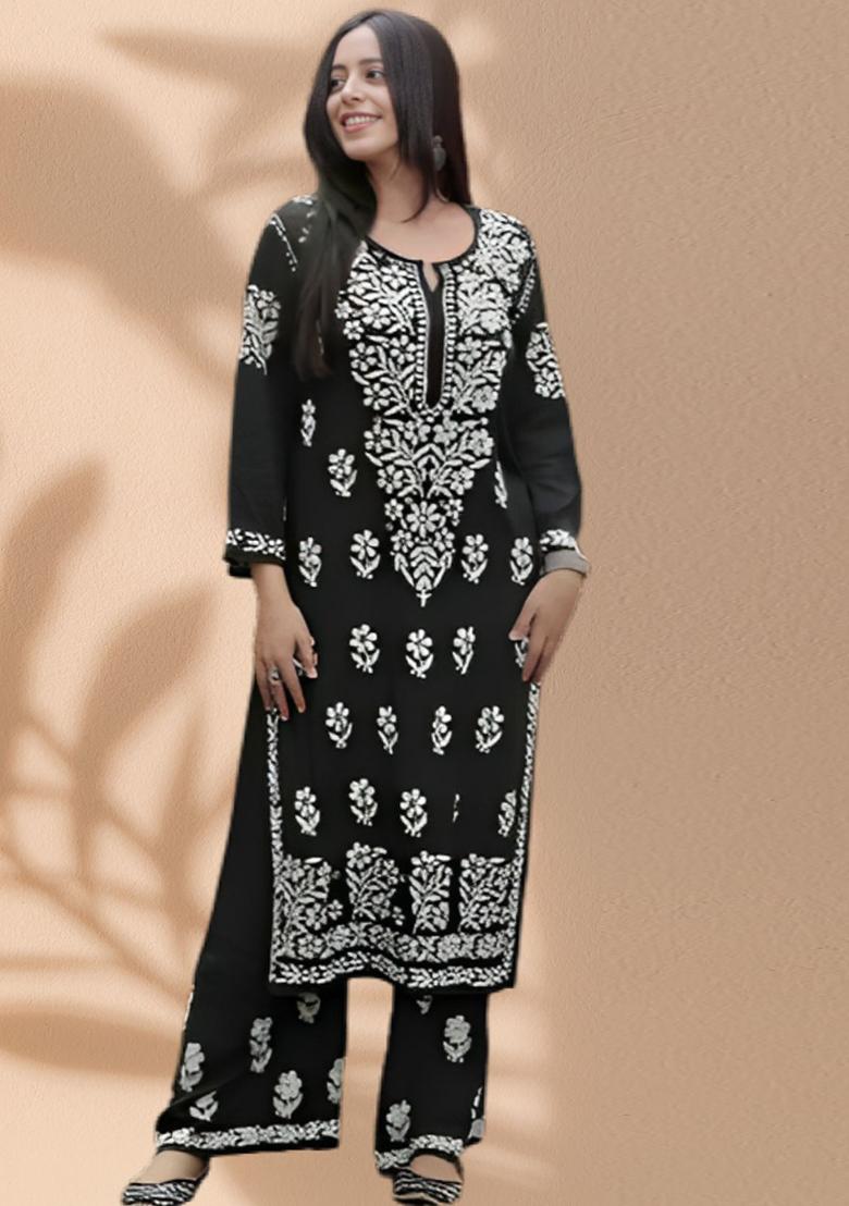 Black Embroidered Rayon Kurta Set