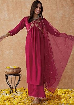 Pink Embroidered Silk Kurta Set