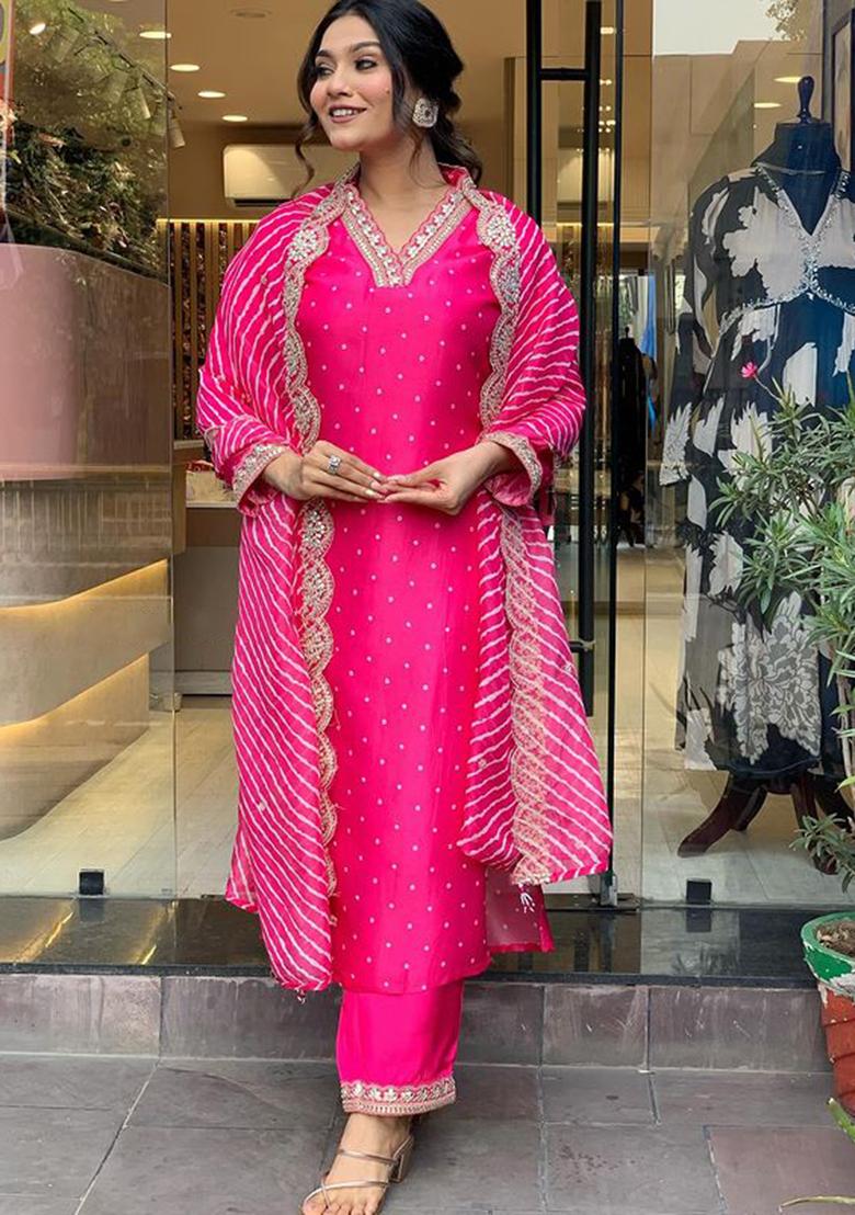 Pink Embroidered Viscose Kurta Set