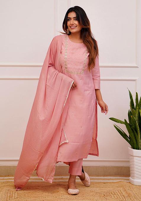 Pink Embroidered Rayon Kurta Set