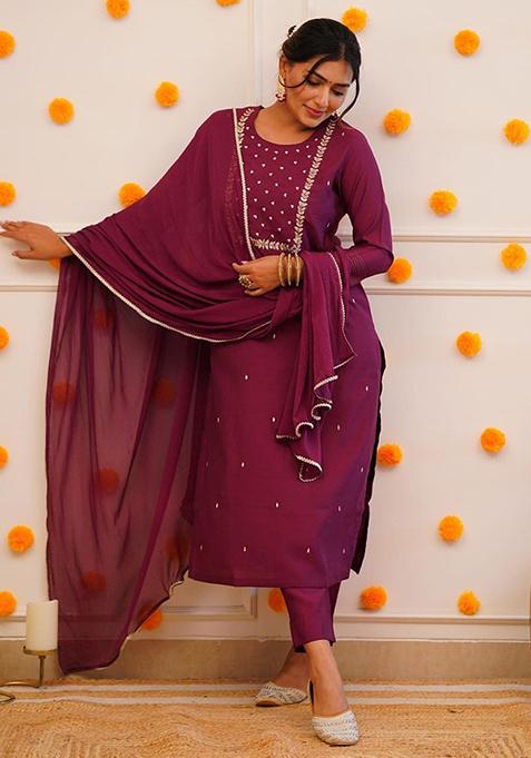 Magenta Embroidered Rayon Kurta Set