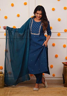 Blue Embroidered Rayon Kurta Set