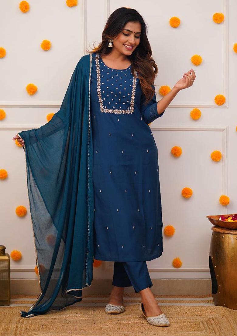 Blue Embroidered Rayon Kurta Set