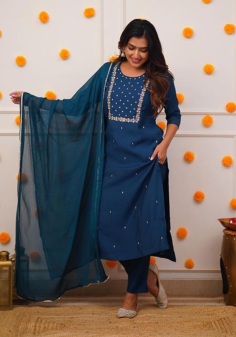 Blue Embroidered Rayon Kurta Set