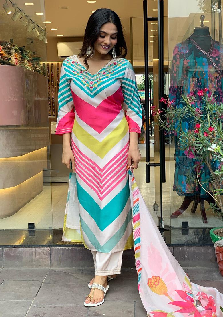 Multicolor Embroidered Muslin Kurta Set