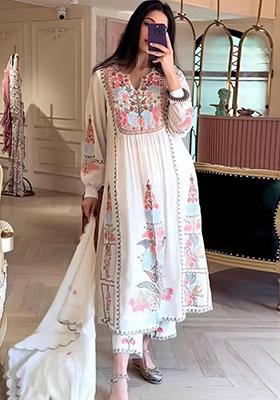 Off White Embroidered Georgette Kurta Set