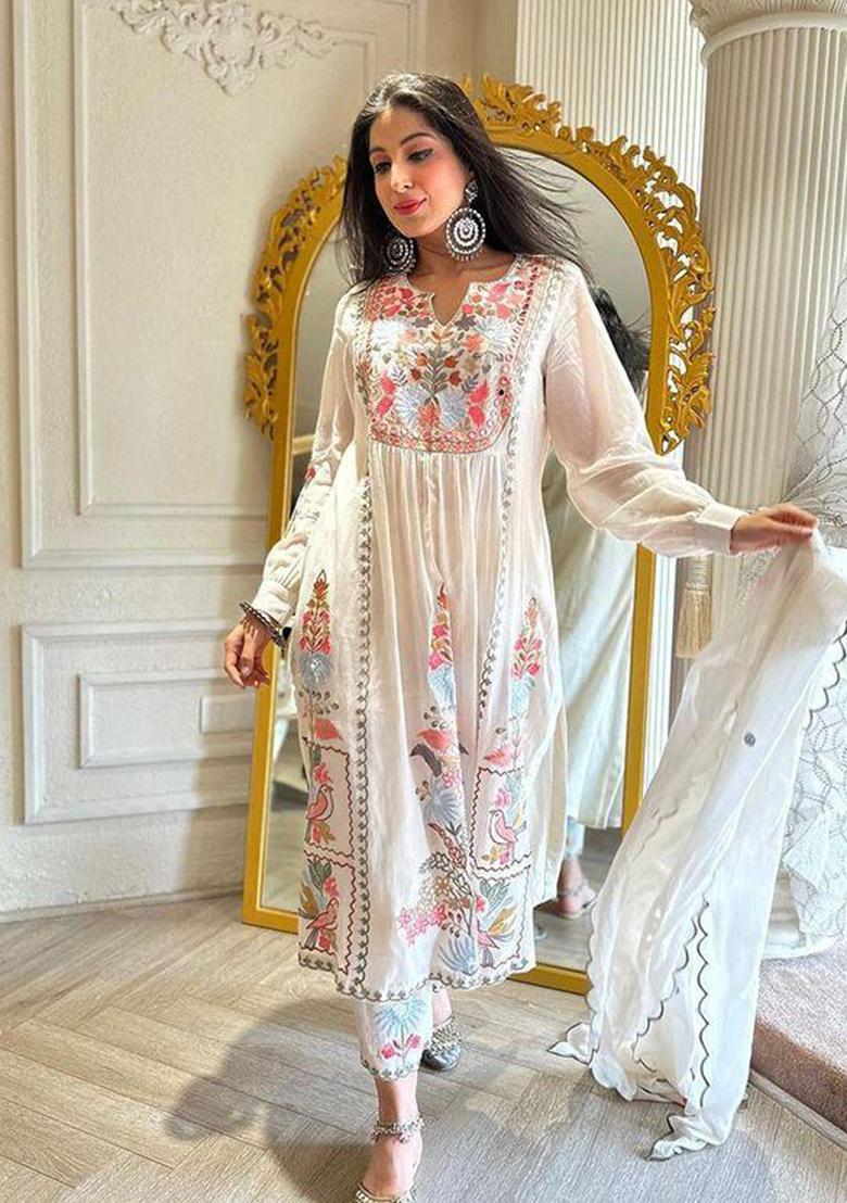 Off White Embroidered Georgette Kurta Set