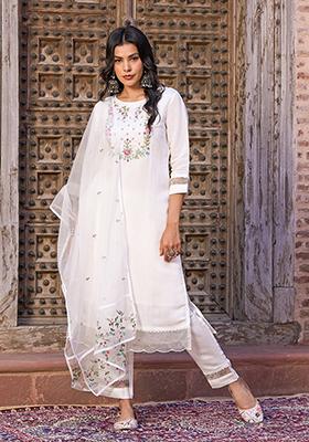 White Embroidered Chanderi Kurta Set