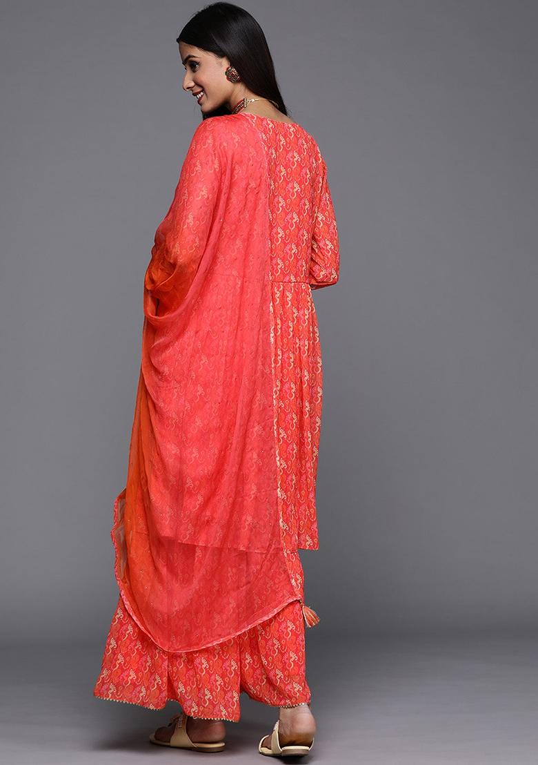 Peach Embroidered Georgette Kurta Set