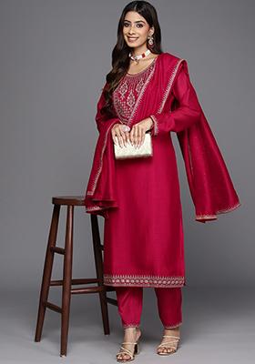 Red Embroidered Silk Kurta Set