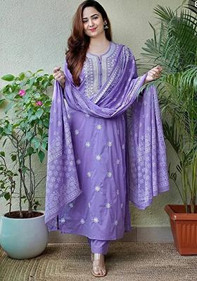 Purple Embroidered Cotton Kurta Set