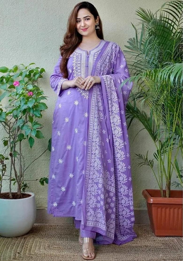 Purple Embroidered Cotton Kurta Set