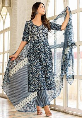 Blue Printed Rayon Kurta Set
