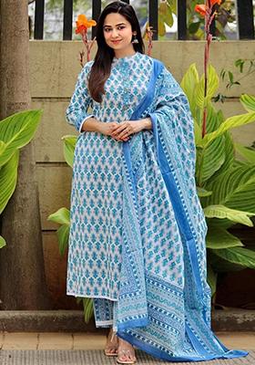 Blue And Off White Printed Cotton Kurta Set