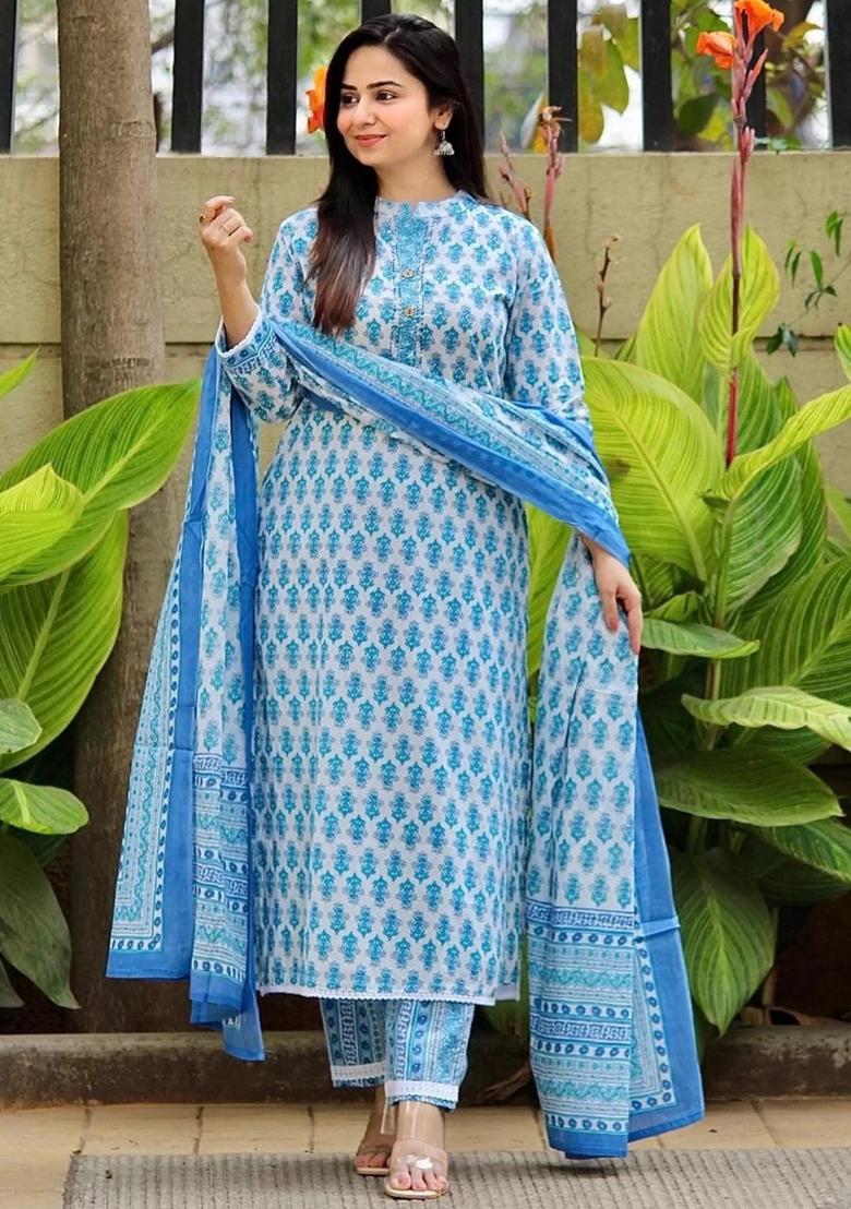 Blue And Off White Printed Cotton Kurta Set