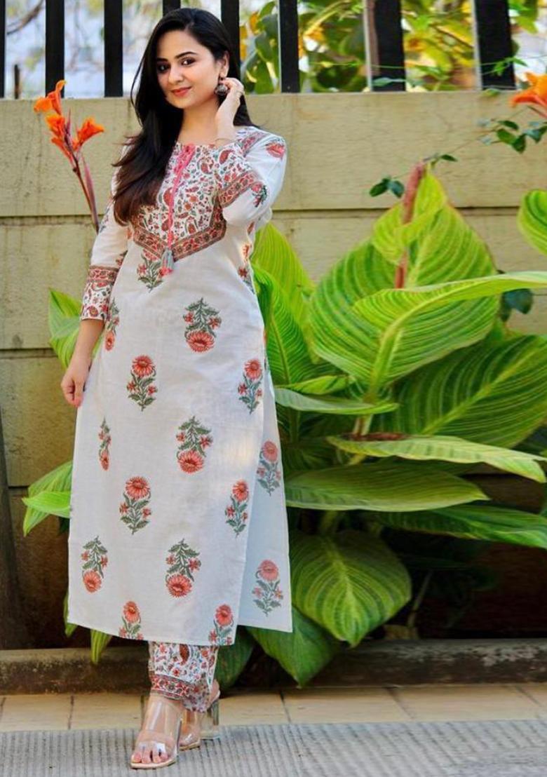Off White Printed Cotton Kurta Set