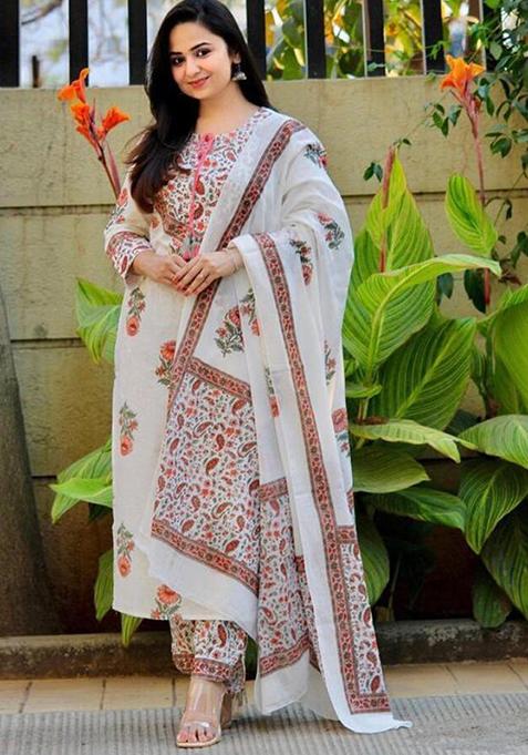 Off White Printed Cotton Kurta Set