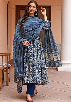 Blue Printed Rayon Kurta Set
