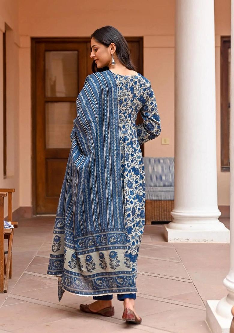 Blue Printed Rayon Kurta Set