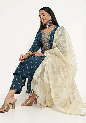 Blue Embroidered Silk Kurta Set